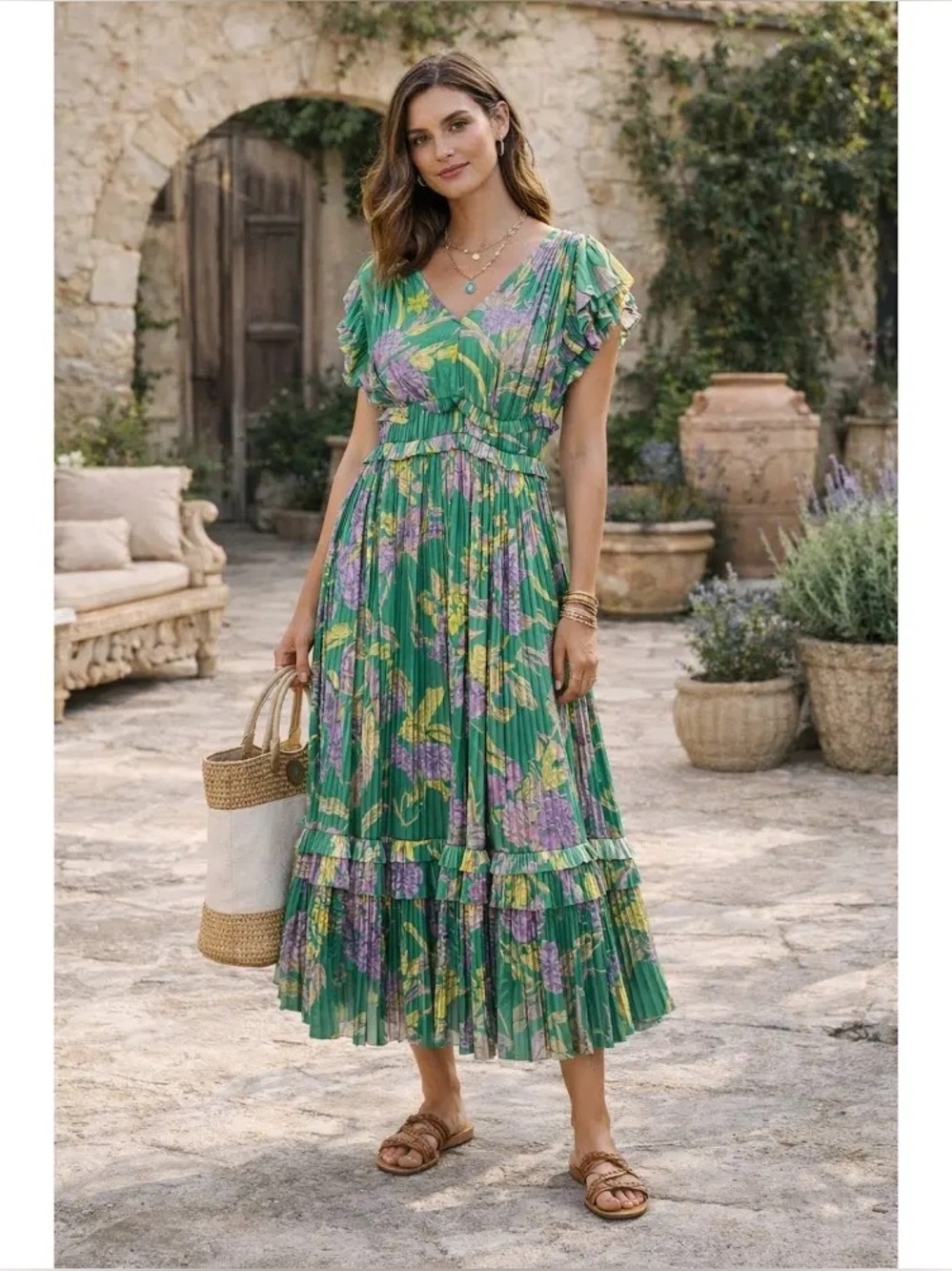 Anthropologie Current Air LA Sereia Botanical Motif Pleated Midi Dress